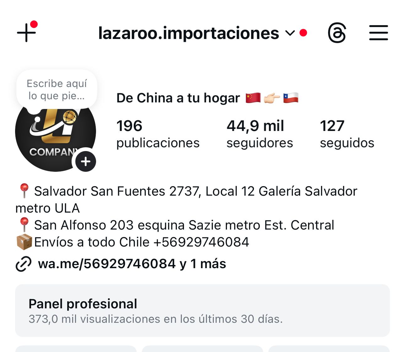 Perfil de Instagram Lazaroo Importaciones